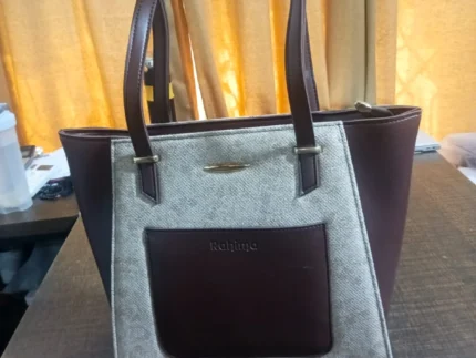 Textured Gray & Brown Front Pocket Tote Bag