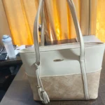 White & Beige Tassel Panel Tote Bag