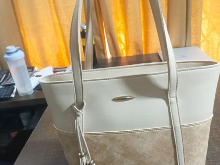 White & Beige Tassel Panel Tote Bag