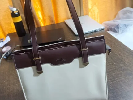 Brown & White Structured Shoulder Tote Bag